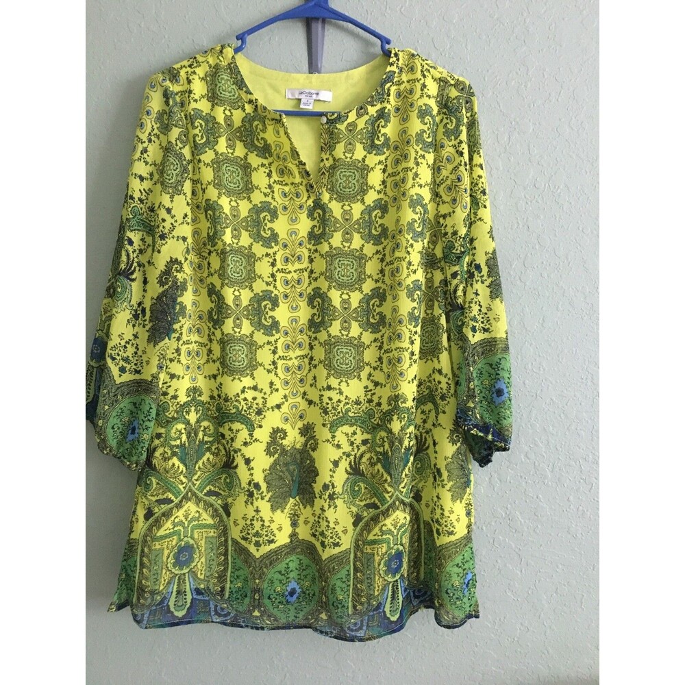 Liz Claiborne Women's Size S. Green Multicolor 3/4 Sleeve Lining Blouse Tunic.